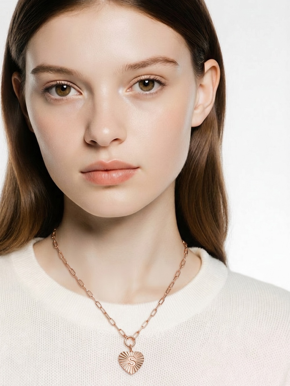 Sunburst Heart Pendant Paperclip Chain Necklace in Rose Gold Finish